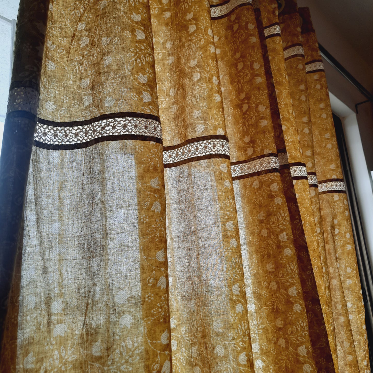 Mustard Yellow and Off-White Floral Cotton Curtain with Vintage Cotton Lace Work | Partially Sheer