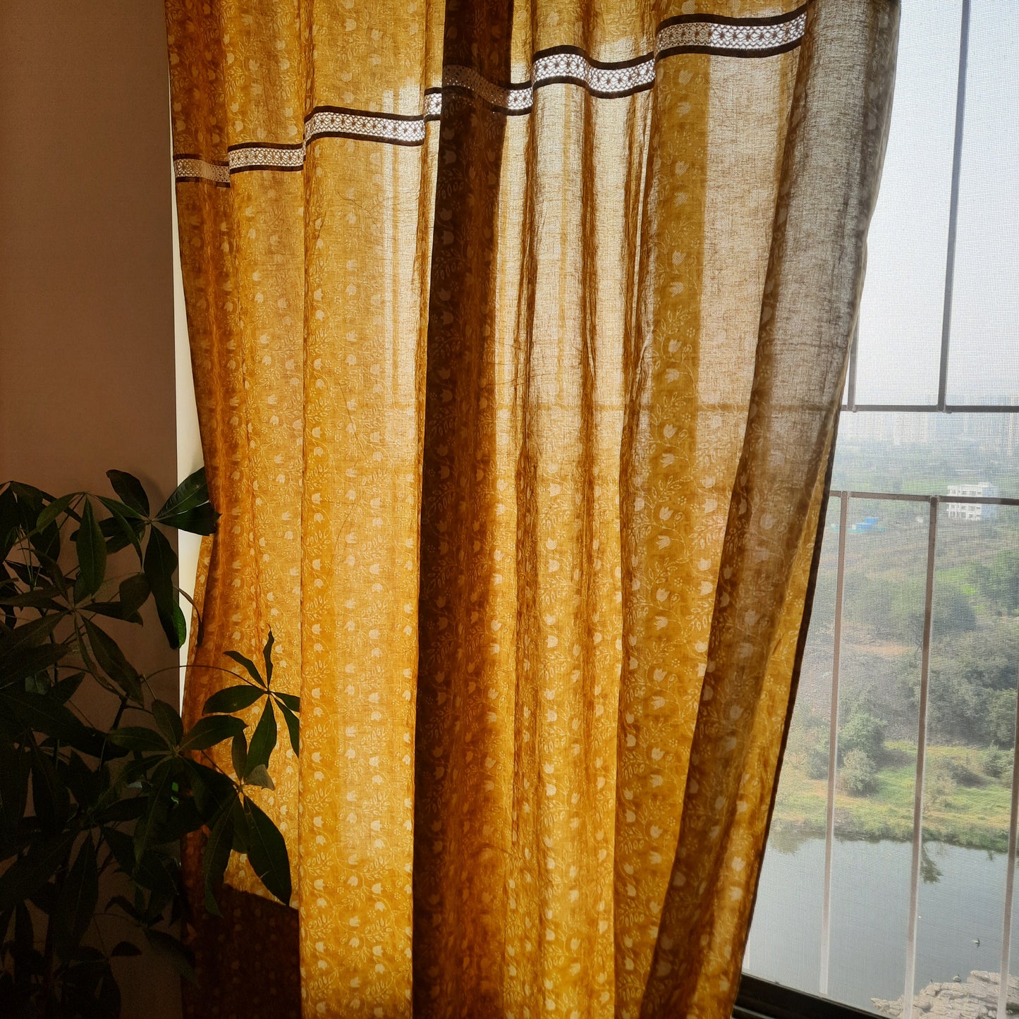 Mustard Yellow and Off-White Floral Cotton Curtain with Vintage Cotton Lace Work | Partially Sheer