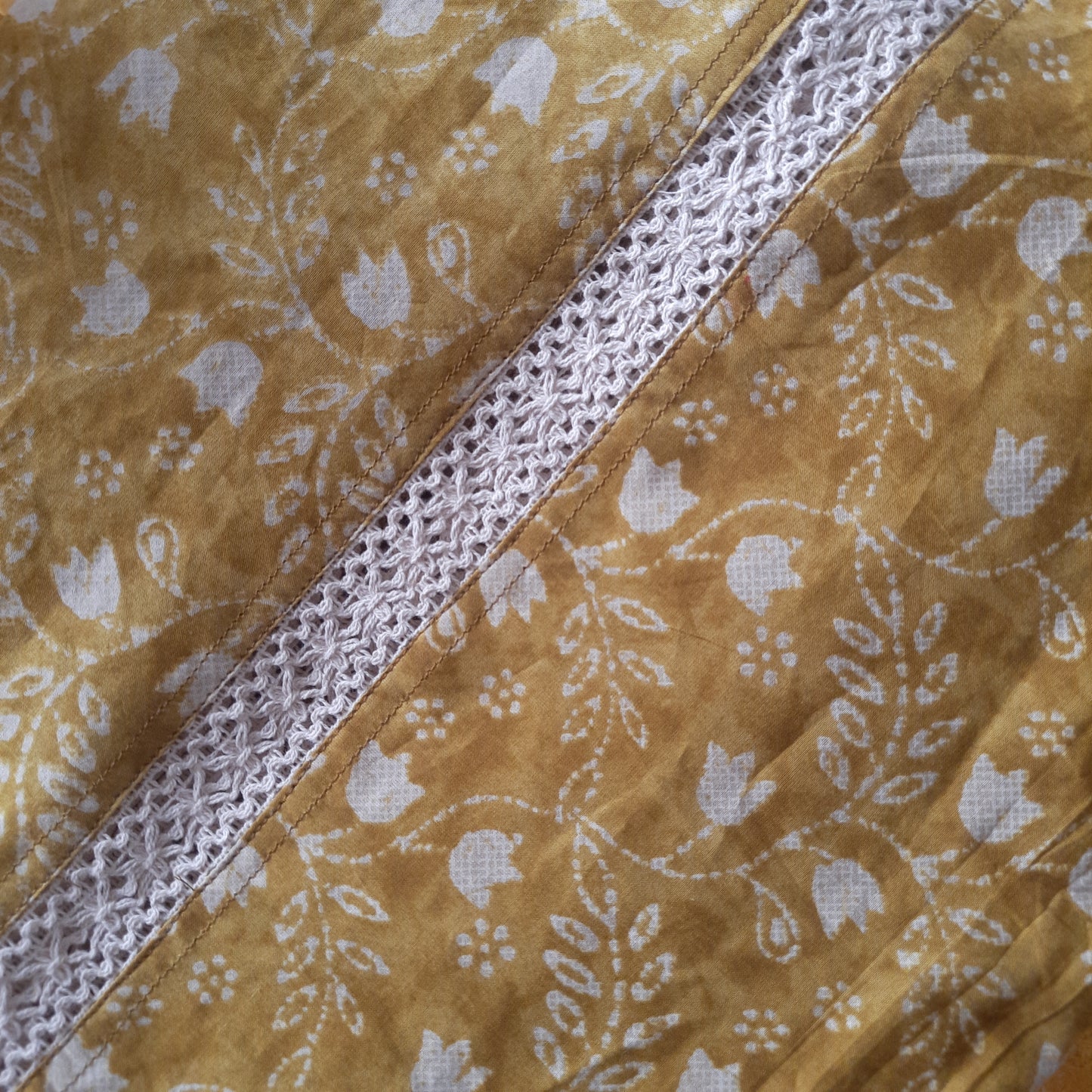 Mustard Yellow and Off-White Floral Cotton Curtain with Vintage Cotton Lace Work | Partially Sheer