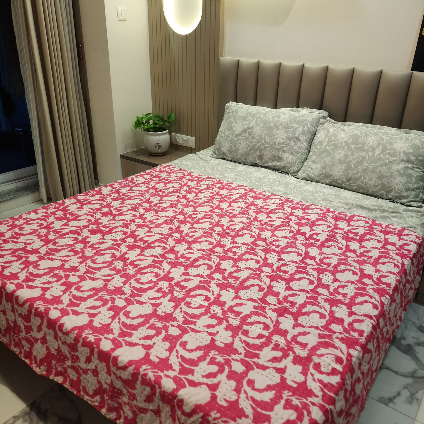 Pink And White Kantha Work Floral Single Bedcover