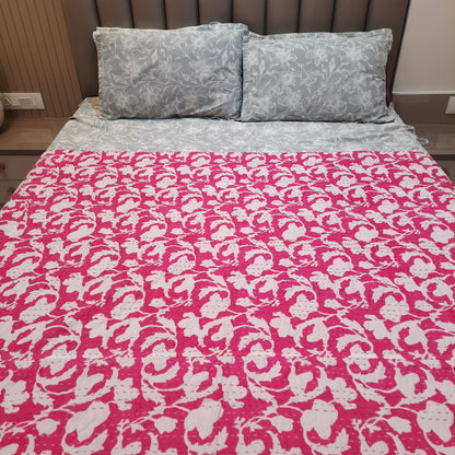 Pink And White Kantha Work Floral Single Bedcover