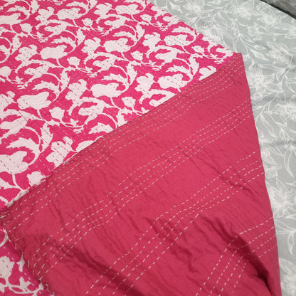 Pink And White Kantha Work Floral Single Bedcover