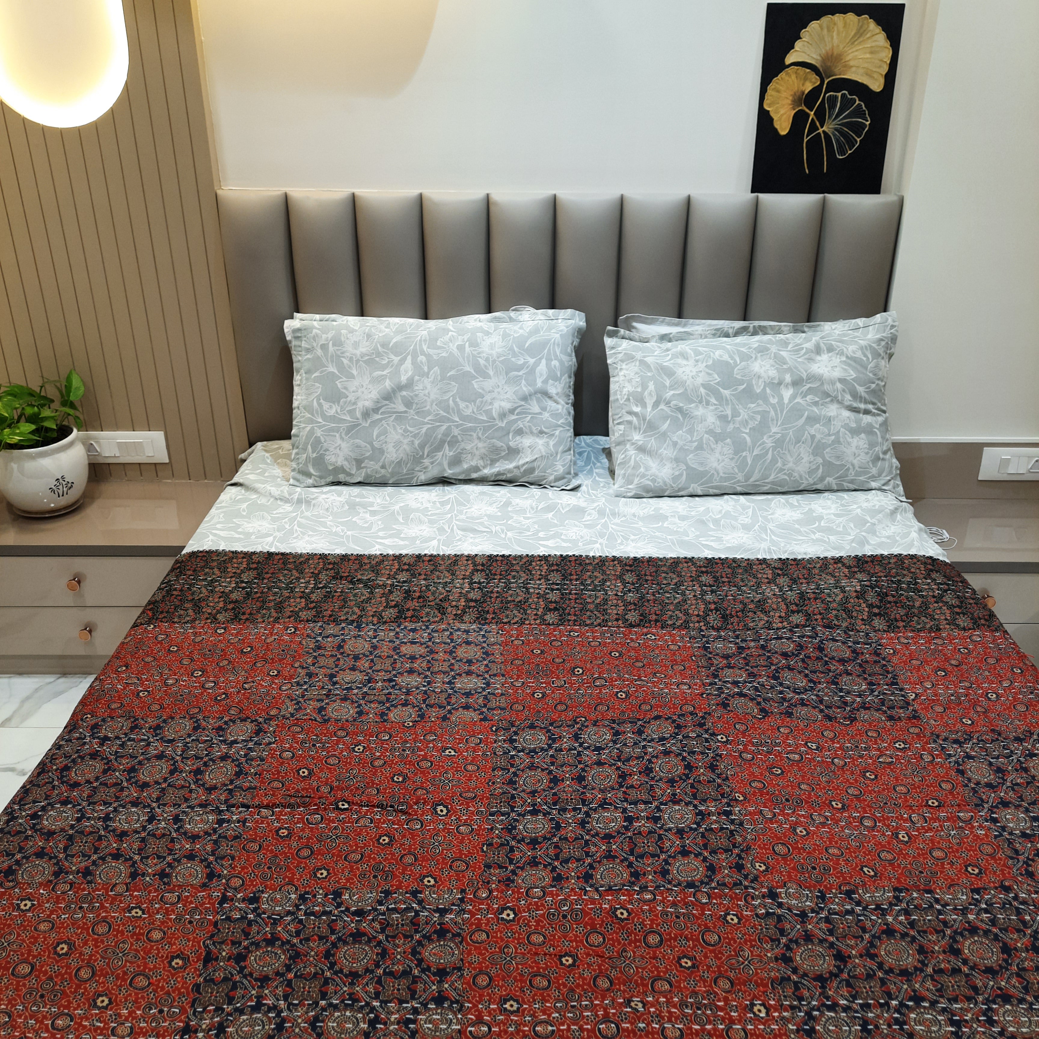 Ajrakh Patchwork Kantha Cotton Bedcover – Handmade Multicolour Elegance