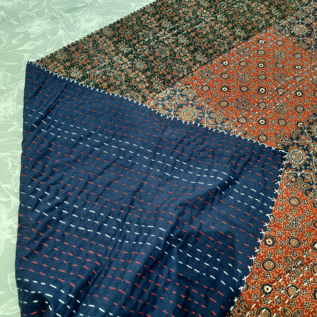 Ajrakh Patchwork Kantha Cotton Bedcover – Handmade Multicolour Elegance