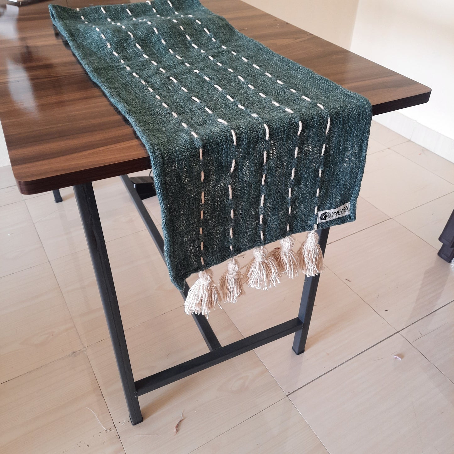 Peacock Green Slub Cotton Table Runner – Handcrafted with Thread Work & Tassels