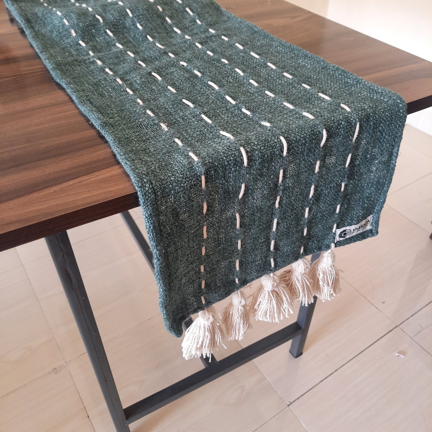 Peacock Green Slub Cotton Table Runner – Handcrafted with Thread Work & Tassels