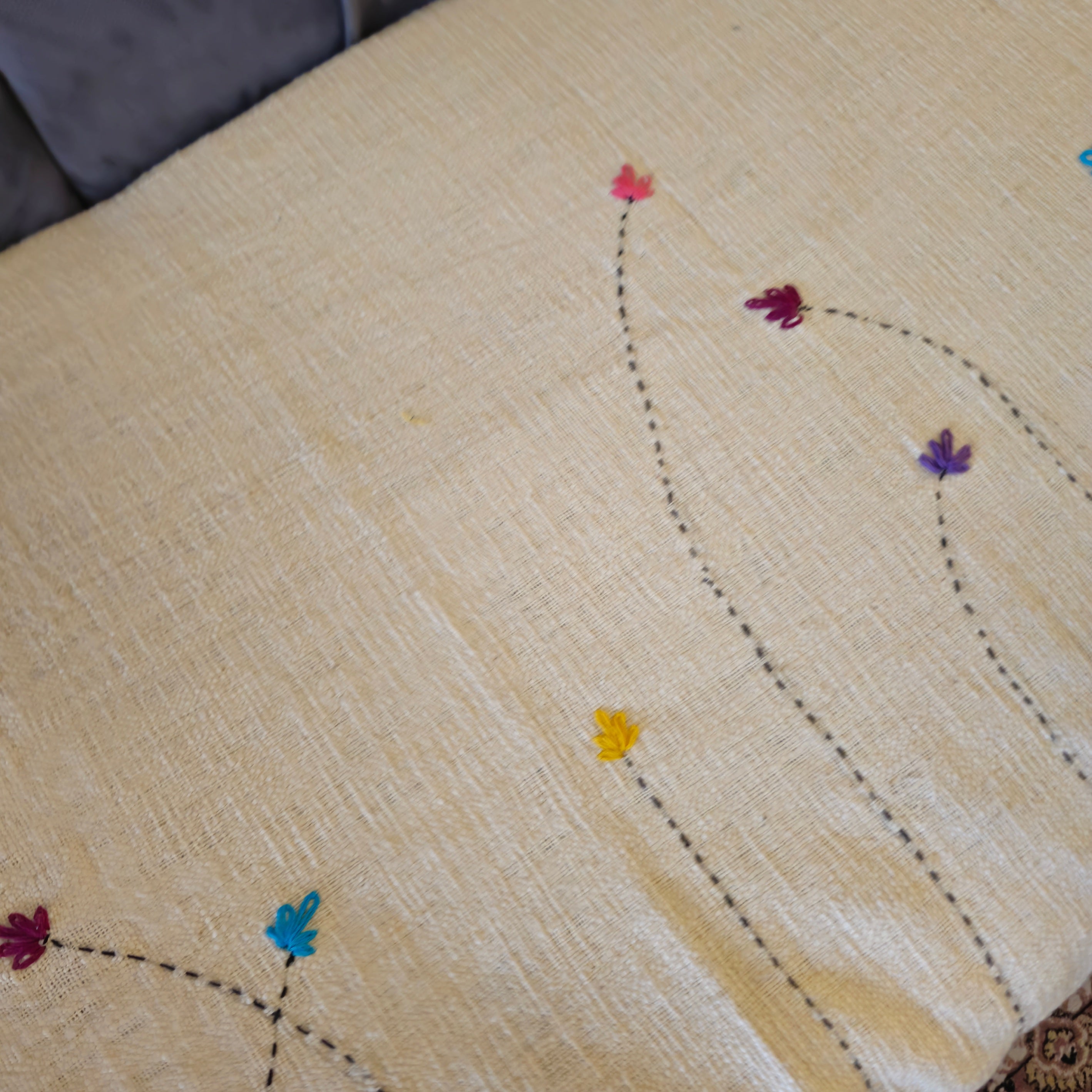 Handwoven Beige Slub Cotton Sofa Cover with Embroidered Flowers & Tassels