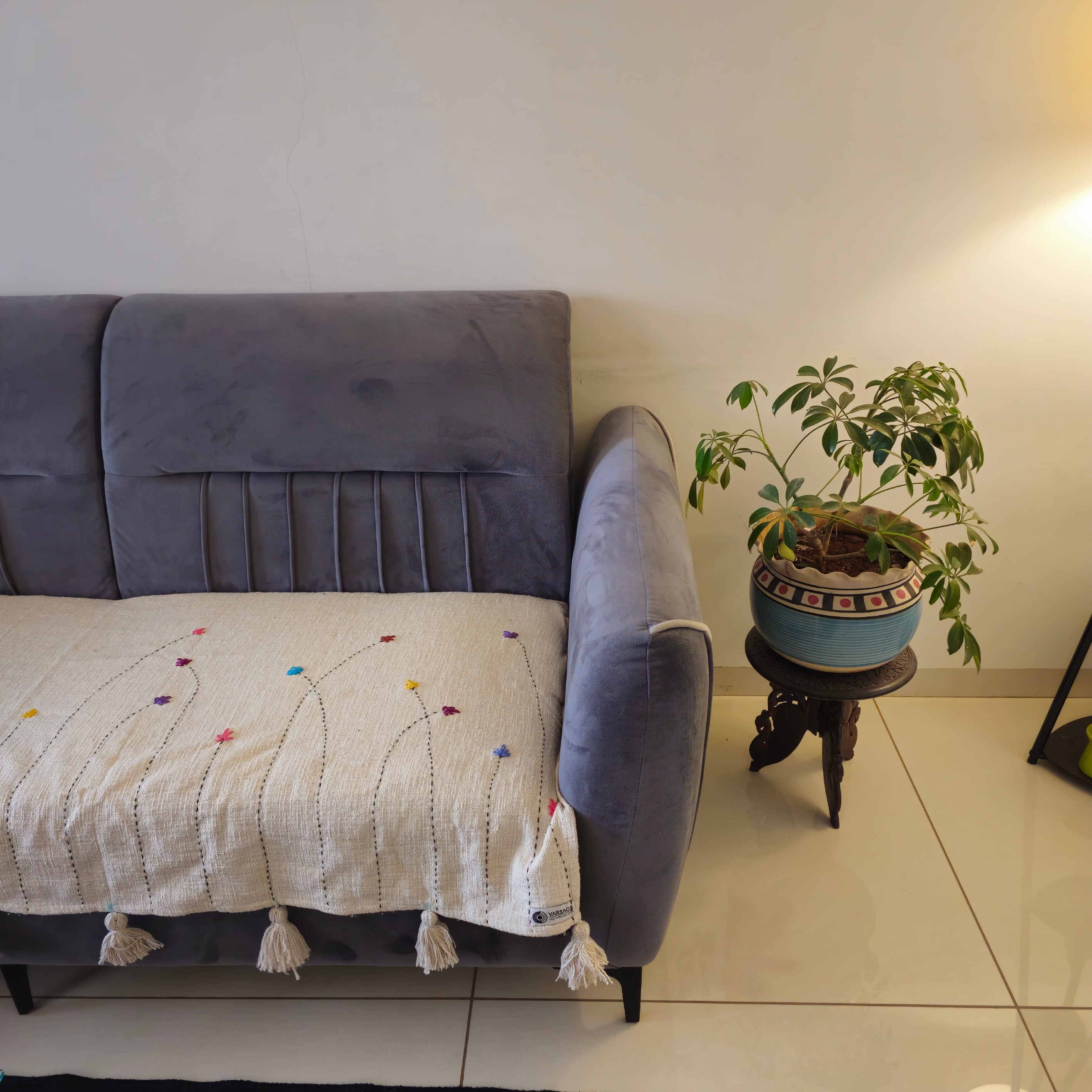 Handwoven Beige Slub Cotton Sofa Cover with Embroidered Flowers & Tassels
