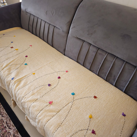Handwoven Beige Slub Cotton Sofa Cover with Embroidered Flowers & Tassels