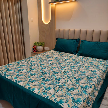 Peacock Blue Leaves Cotton King Size Bedsheet – Elegant Design with Plain Border