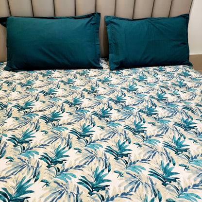 Peacock Blue Leaves Cotton King Size Bedsheet – Elegant Design with Plain Border