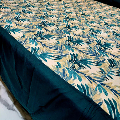 Peacock Blue Leaves Cotton King Size Bedsheet – Elegant Design with Plain Border