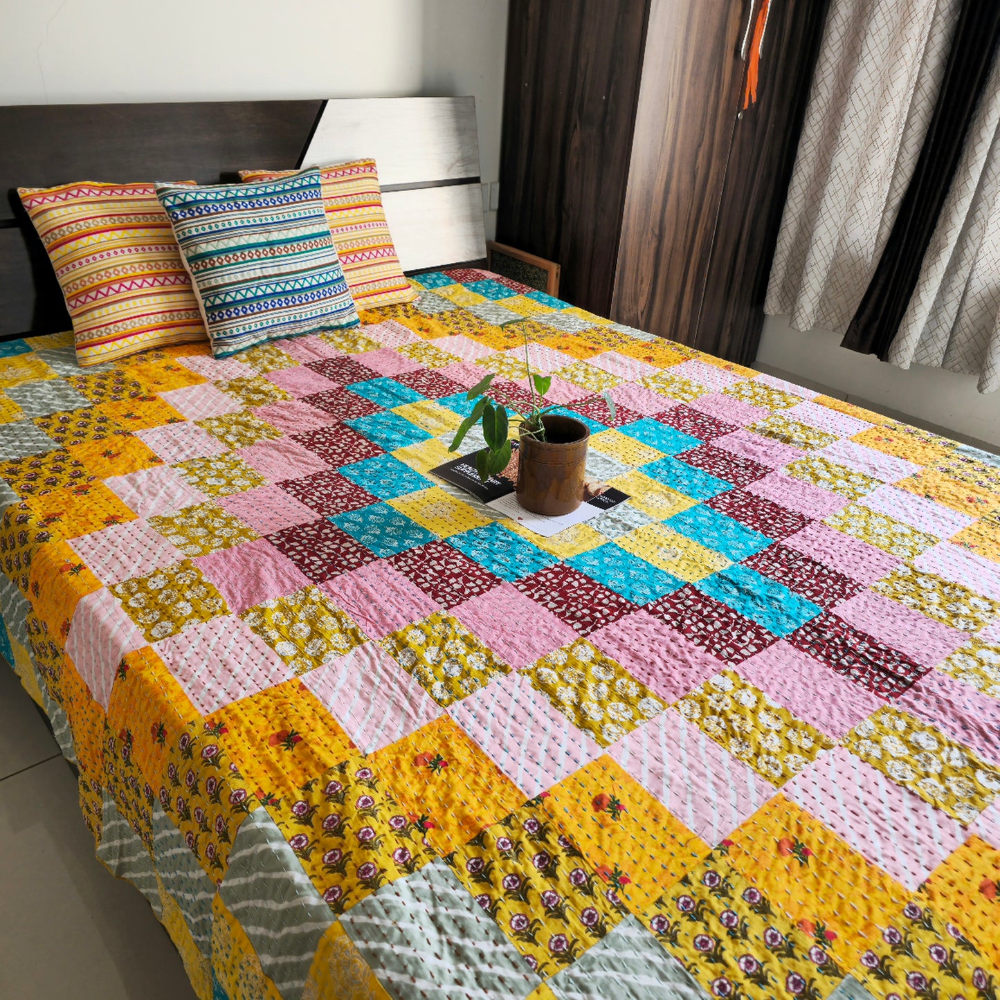 Yellow Multicoloured Patchwork Kantha King Size Bedcover – Handcrafted Cotton