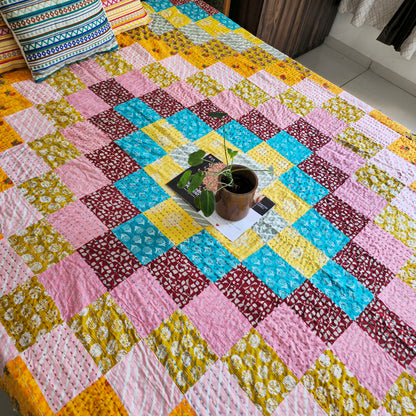 Yellow Multicoloured Patchwork Kantha King Size Bedcover – Handcrafted Cotton