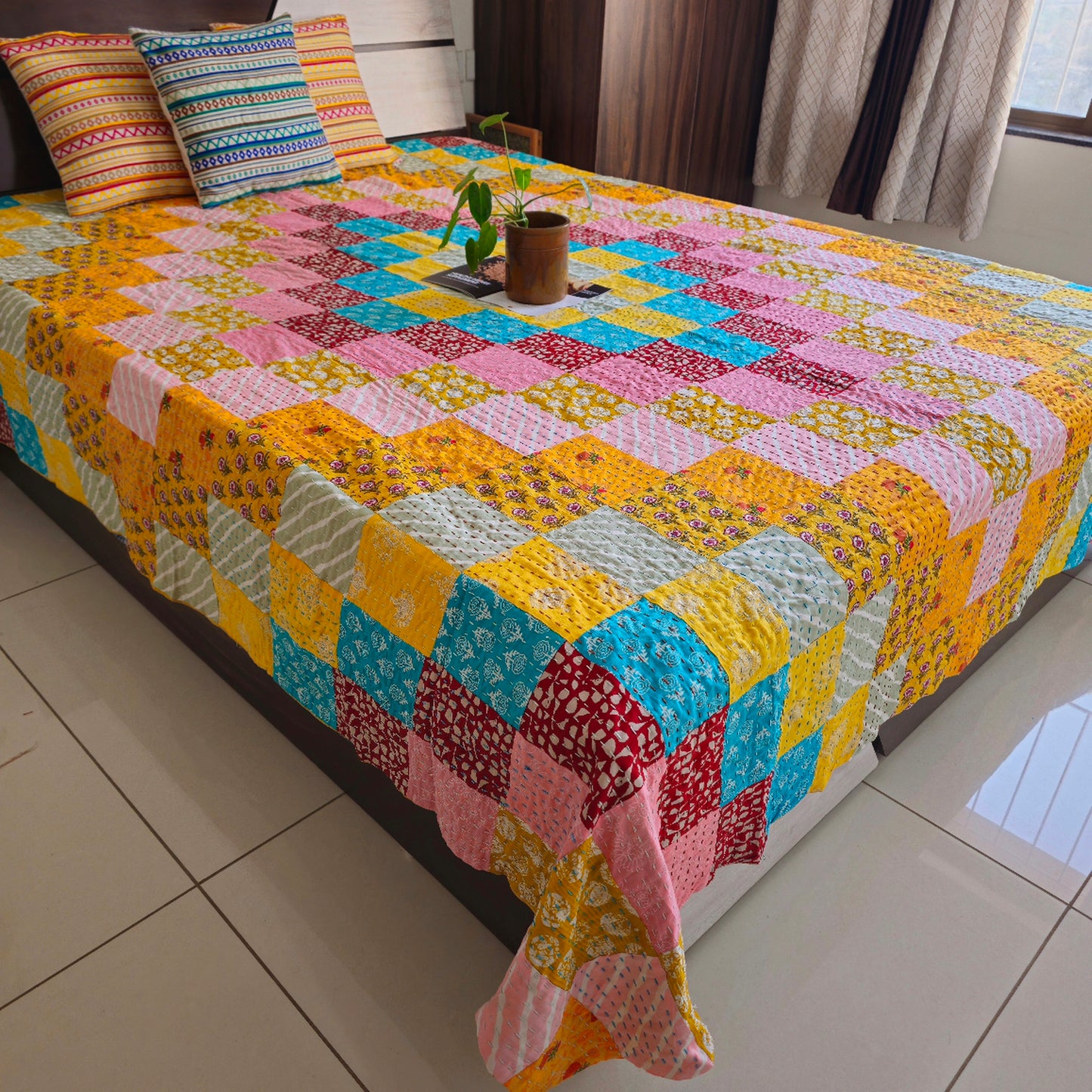 Yellow Multicoloured Patchwork Kantha King Size Bedcover – Handcrafted Cotton