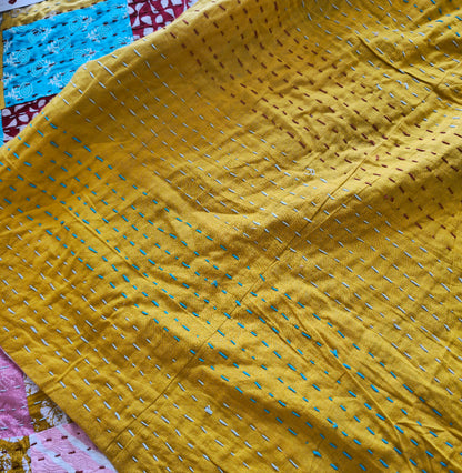 Yellow Multicoloured Patchwork Kantha King Size Bedcover – Handcrafted Cotton