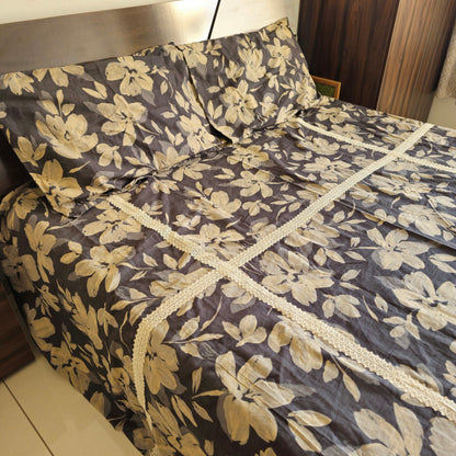 Brown & Beige Floral Cotton King Size Bedsheet – Vintage Lace Elegance