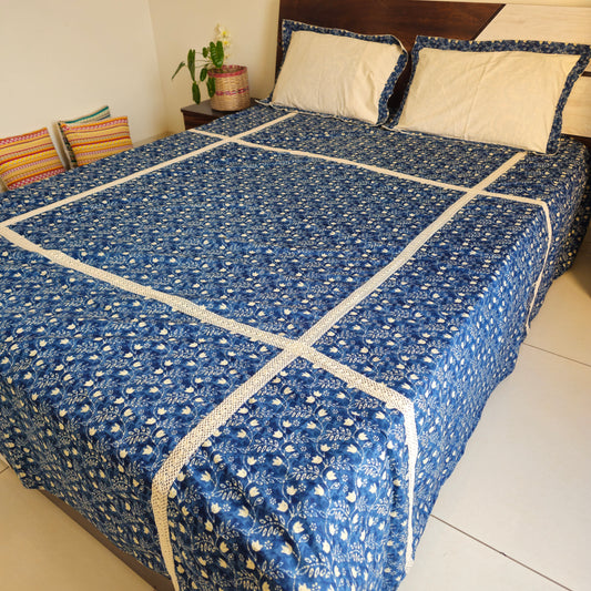 Indigo Blue & Off-White Floral Cotton Bedsheet – King Size with Vintage Lace