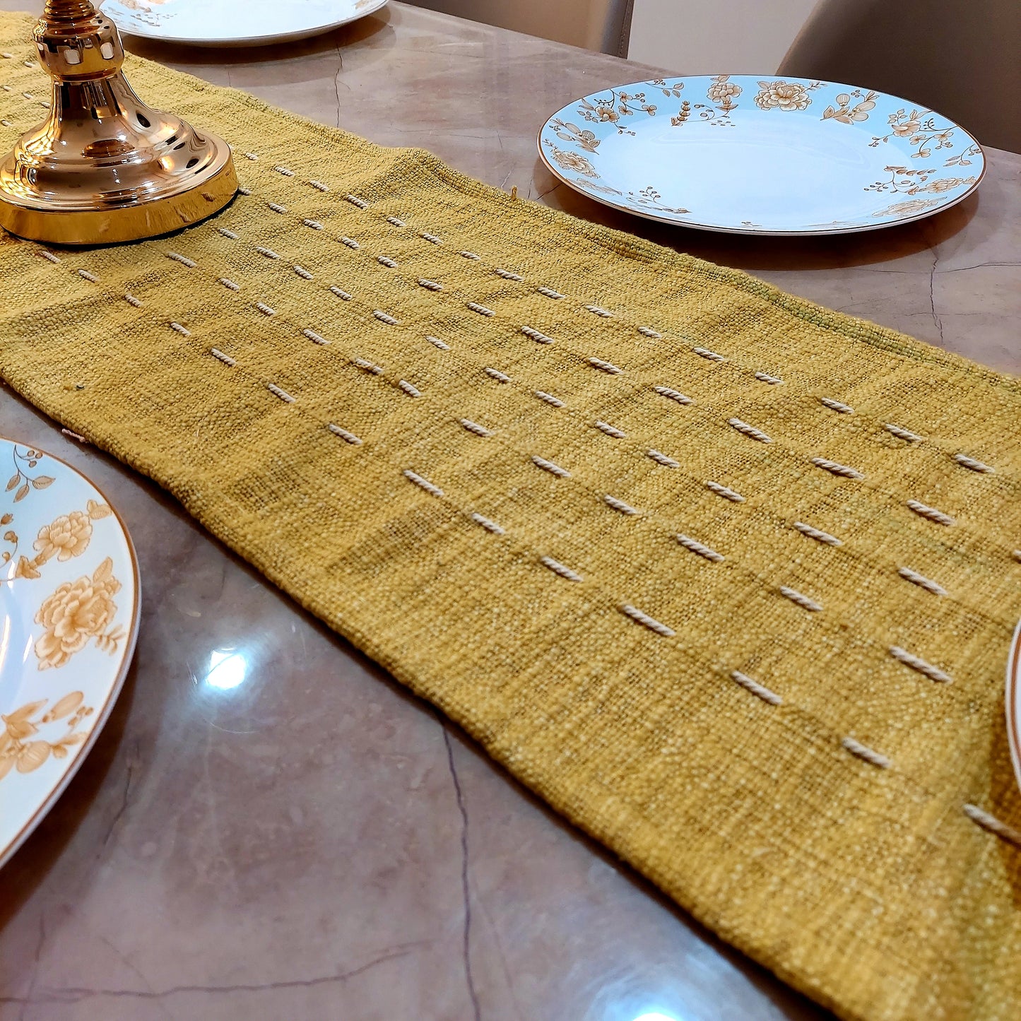 Handmade Kantha Work Slub Cotton Table Runner in Mustard-yellow Color with Threaded Lines and Hanging Tassels