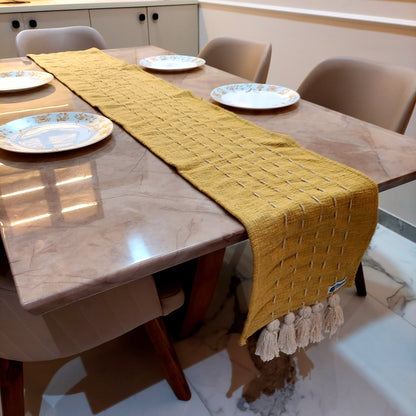 Handmade Kantha Work Slub Cotton Table Runner in Mustard-yellow Color with Threaded Lines and Hanging Tassels