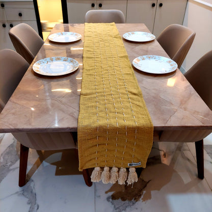 Handmade Kantha Work Slub Cotton Table Runner in Mustard-yellow Color with Threaded Lines and Hanging Tassels