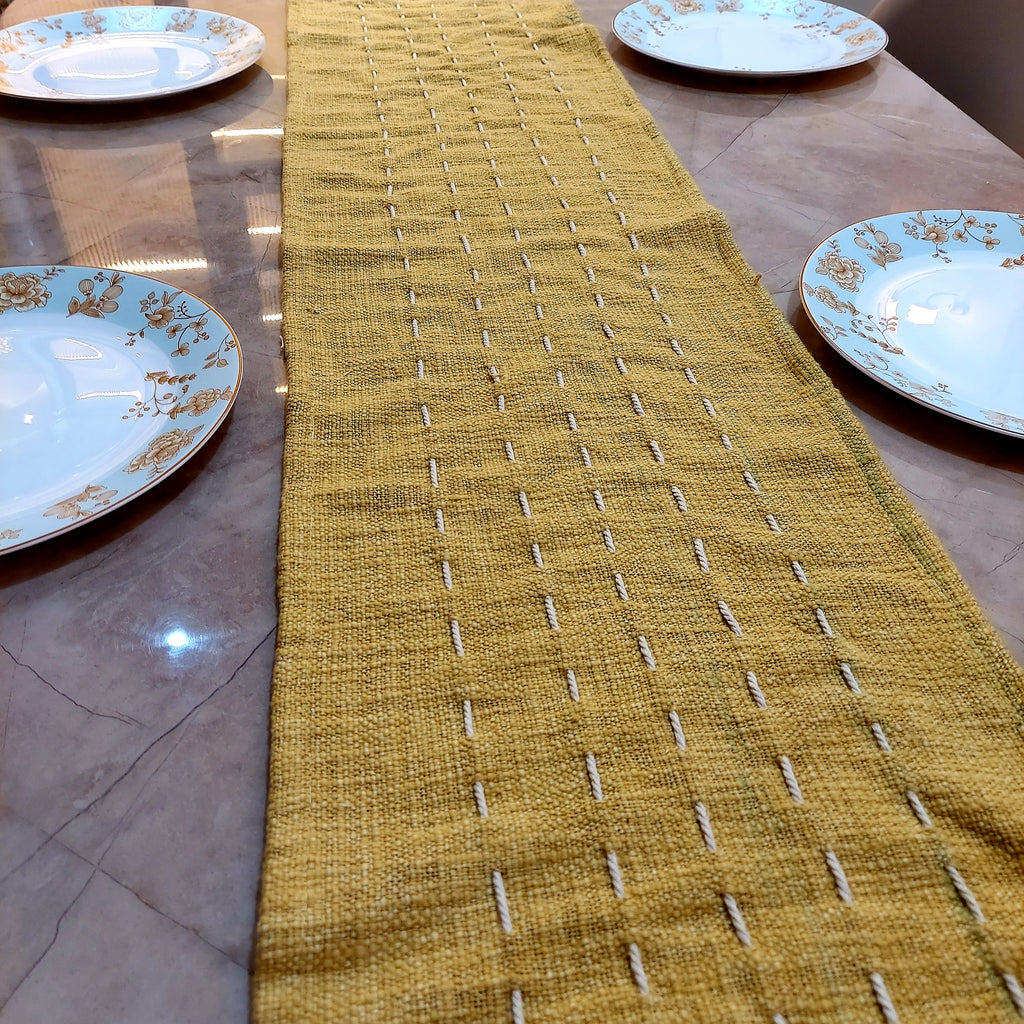 Mustard Yellow Slub Cotton Table Runner – Handmade Kantha Stitch with Tassels