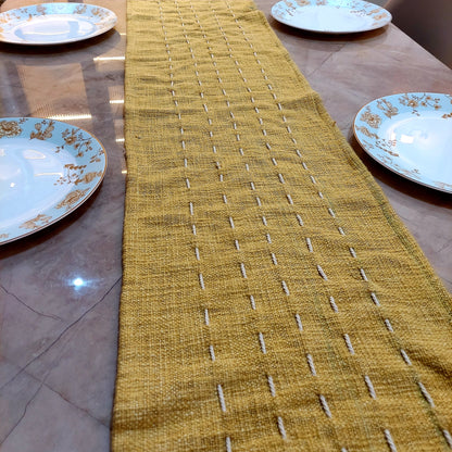 Handmade Kantha Work Slub Cotton Table Runner in Mustard-yellow Color with Threaded Lines and Hanging Tassels