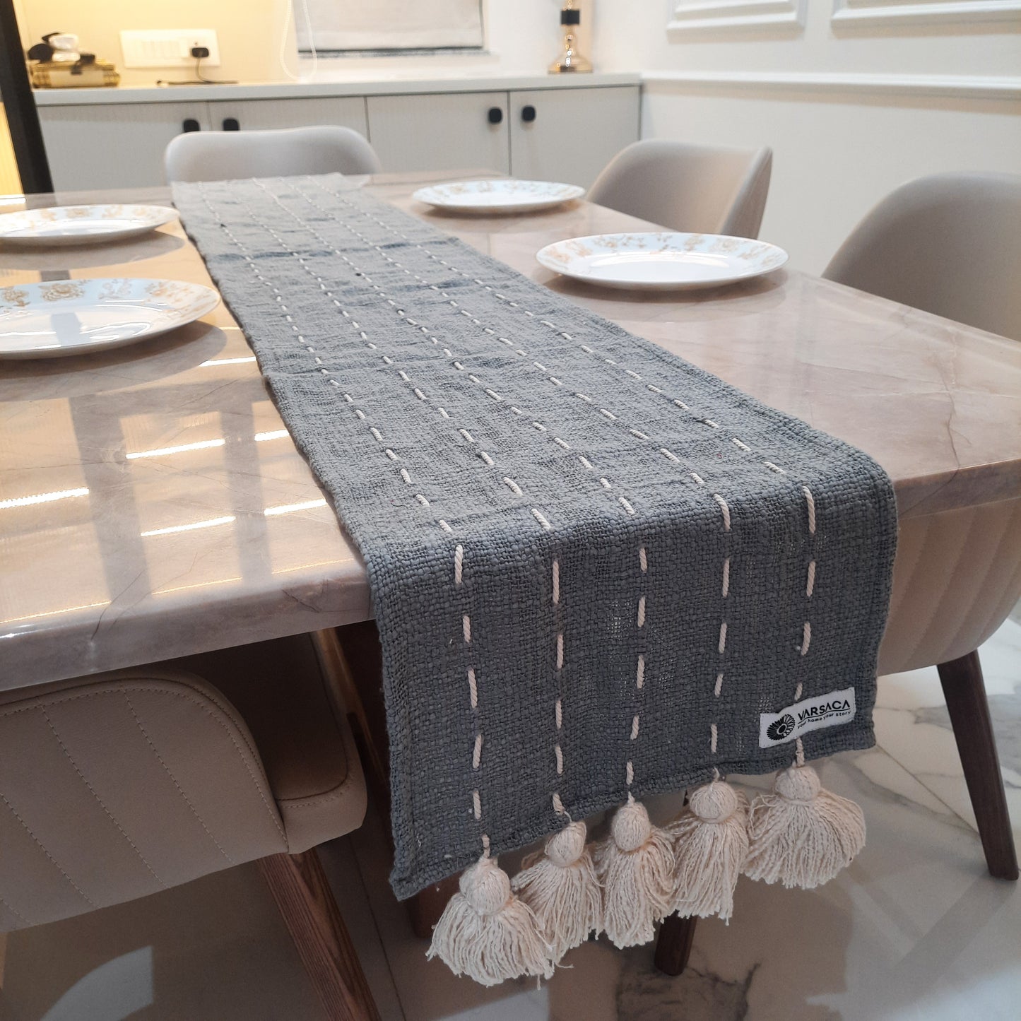 Grey Slub Cotton Table Runner – Handcrafted with Thread Work & Tassels