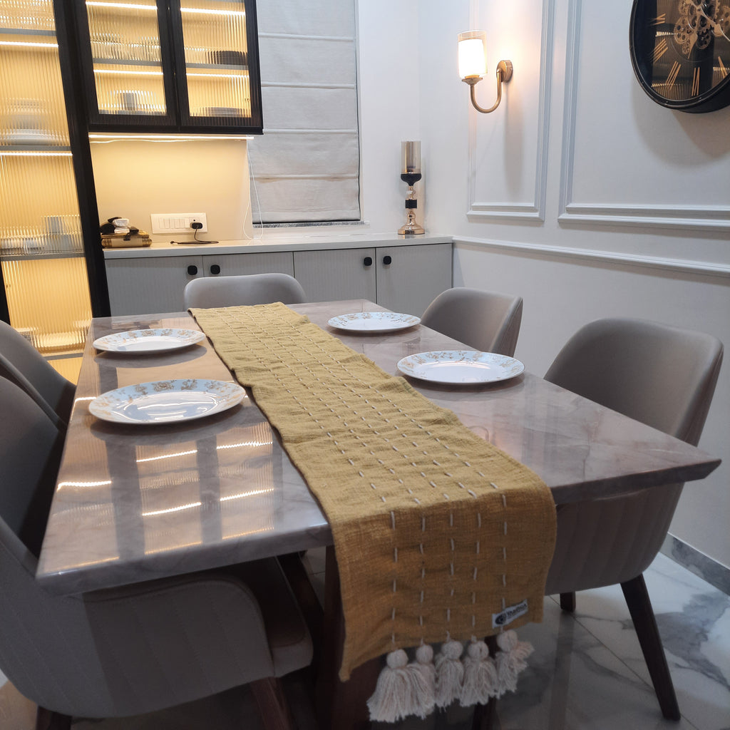 Mustard Yellow Slub Cotton Table Runner – Handmade Kantha Stitch with Tassels