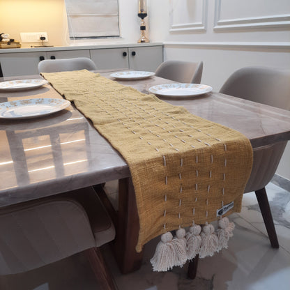 Handmade Kantha Work Slub Cotton Table Runner in Mustard-yellow Color with Threaded Lines and Hanging Tassels