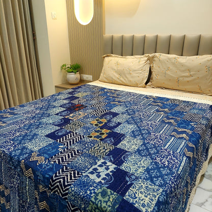 Blue Patchwork Kantha King Size Bedcover – Handcrafted Cotton