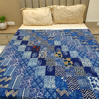 Blue Patchwork Kantha King Size Bedcover – Handcrafted Cotton