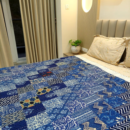 Blue Patchwork Kantha King Size Bedcover – Handcrafted Cotton