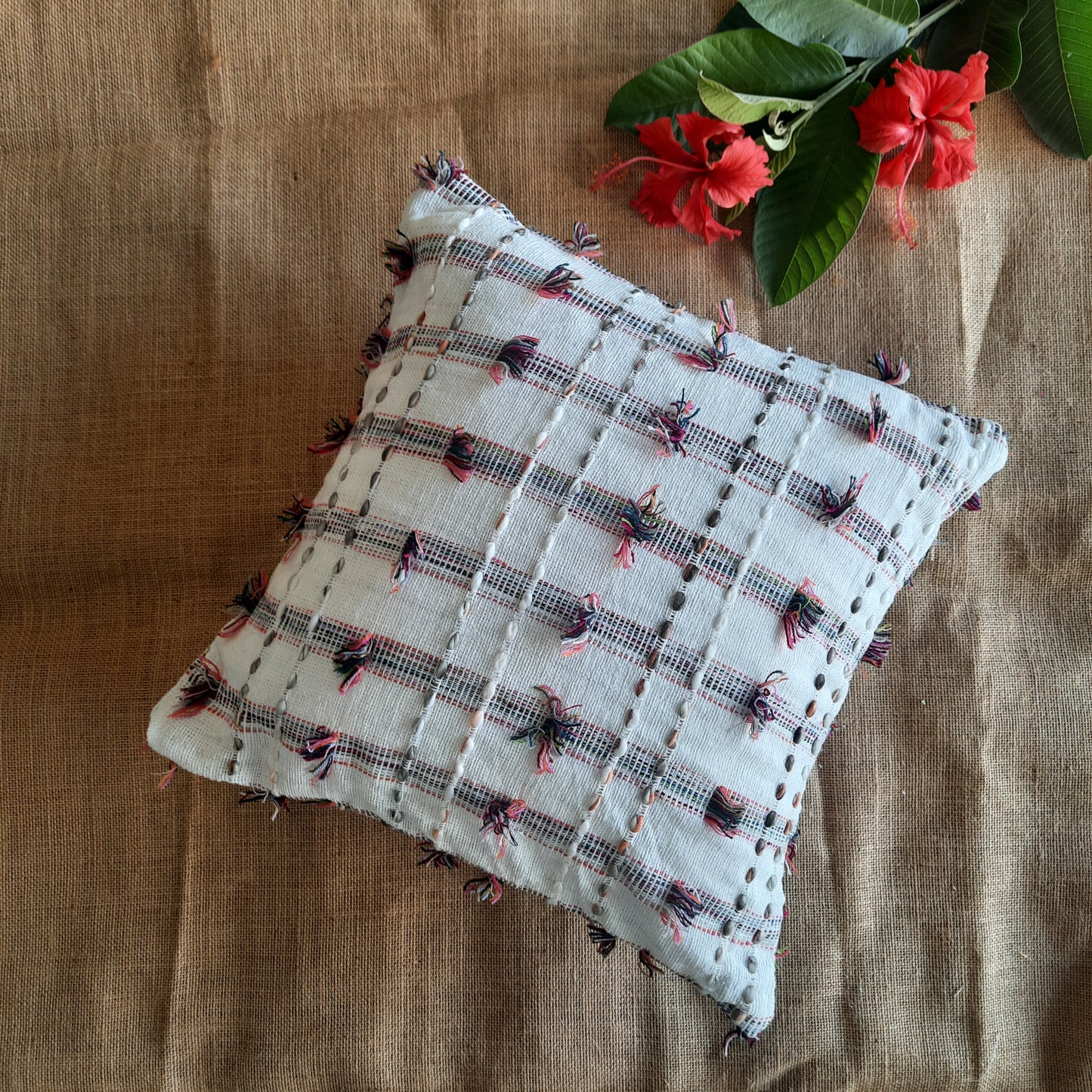 White Slub Cotton Cushion Cover – Handwoven with Multicolour Threadwork