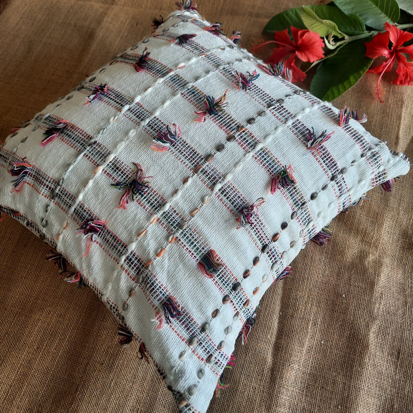 White Slub Cotton Cushion Cover – Handwoven with Multicolour Threadwork