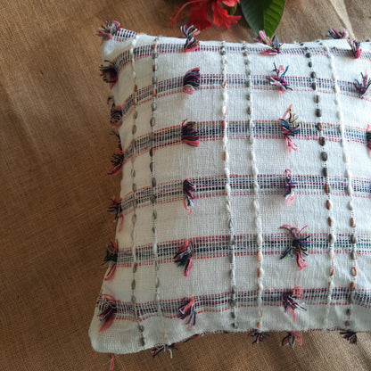 White Slub Cotton Cushion Cover – Handwoven with Multicolour Threadwork