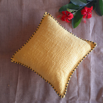 Yellow Slub Cotton Cushion Cover – Handcrafted with Thread Work Border