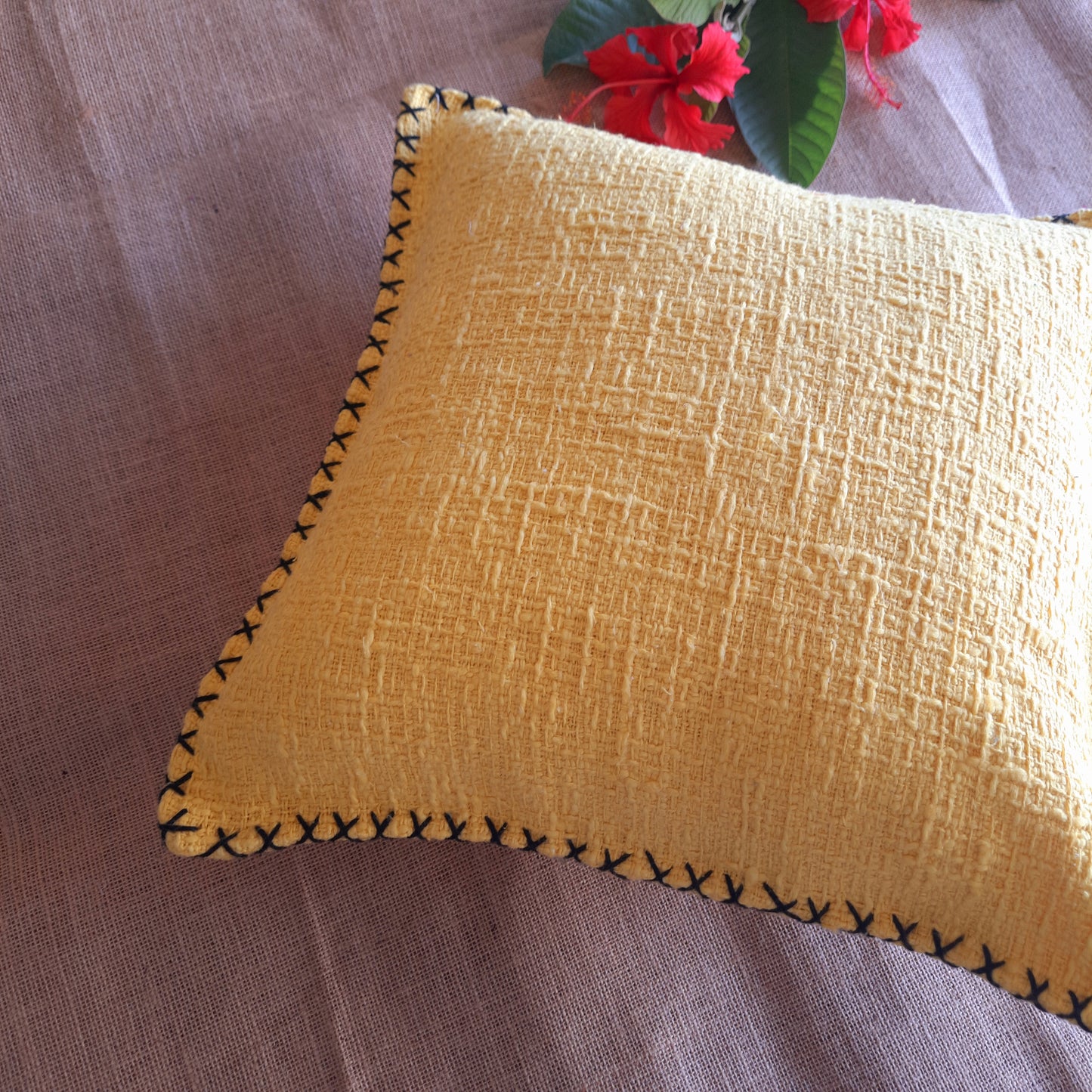 Yellow Slub Cotton Cushion Cover – Handcrafted with Thread Work Border