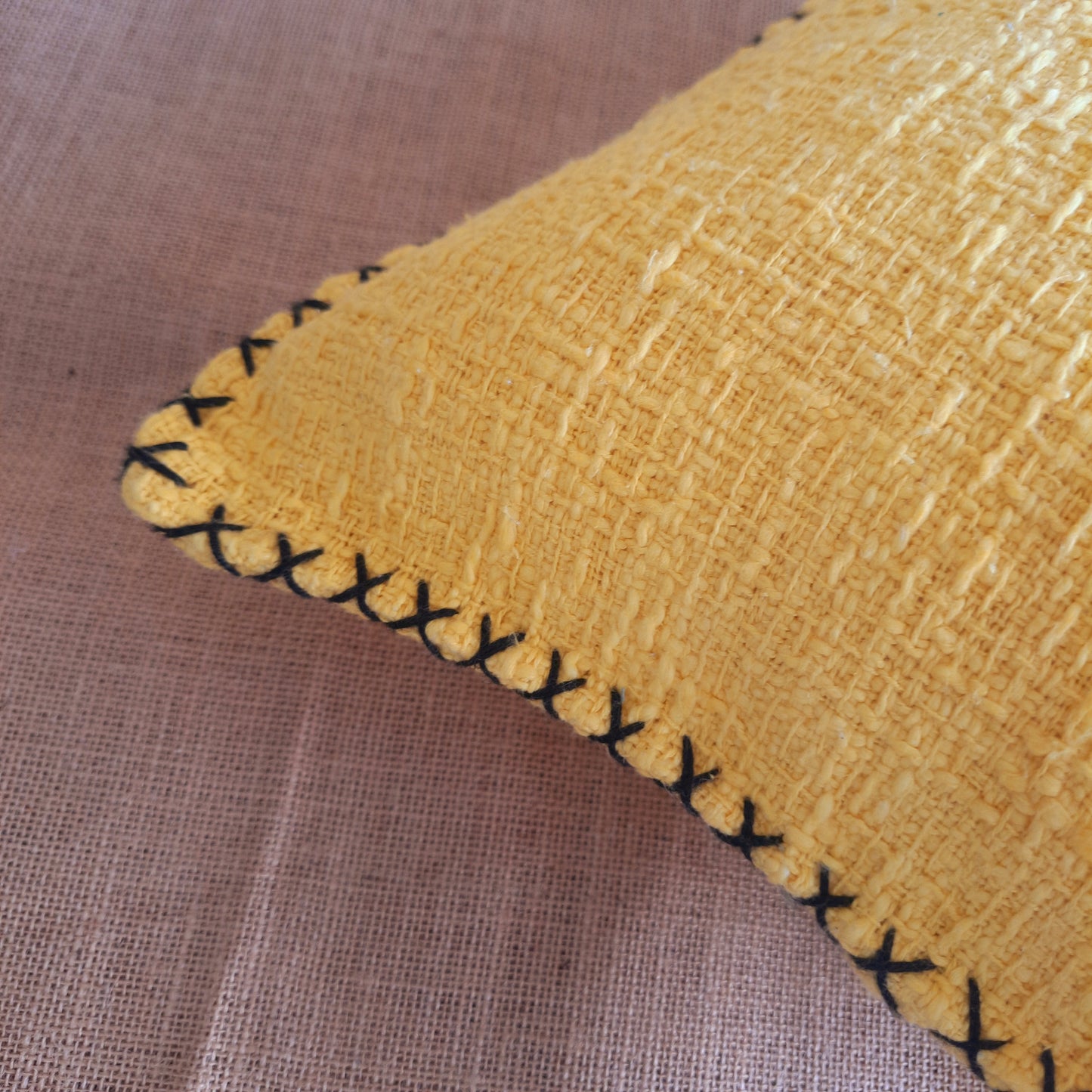 Yellow Slub Cotton Cushion Cover – Handcrafted with Thread Work Border