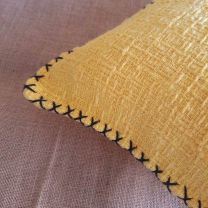 Yellow Slub Cotton Cushion Cover – Handcrafted with Thread Work Border