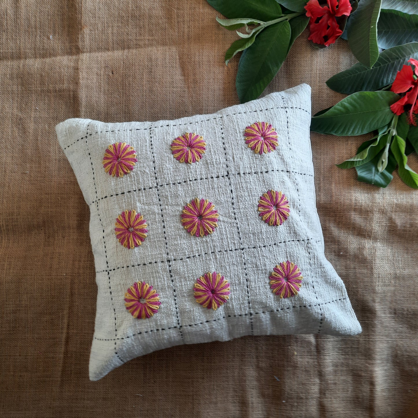 Off-White Jute Cotton Cushion Cover – Round Floral Embroidery & Handcrafted Charm