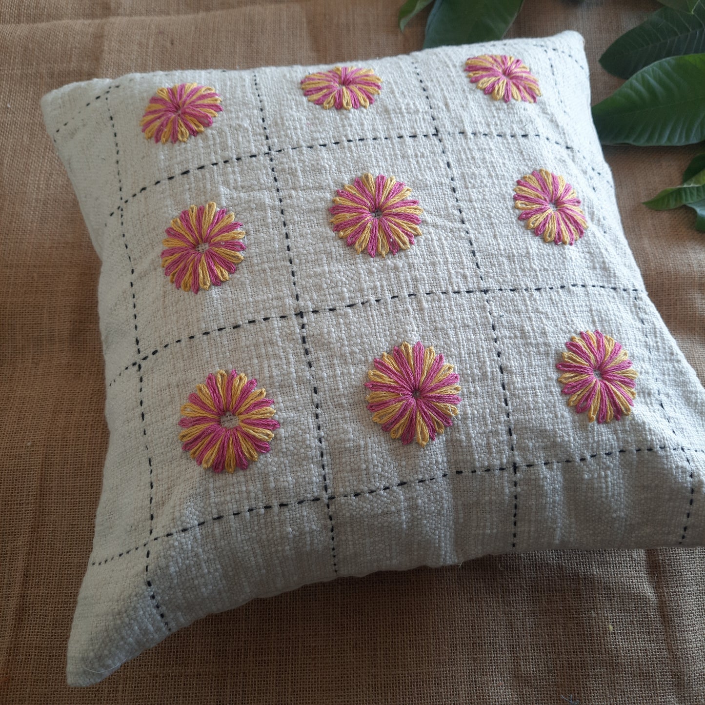 Off-White Jute Cotton Cushion Cover – Round Floral Embroidery & Handcrafted Charm