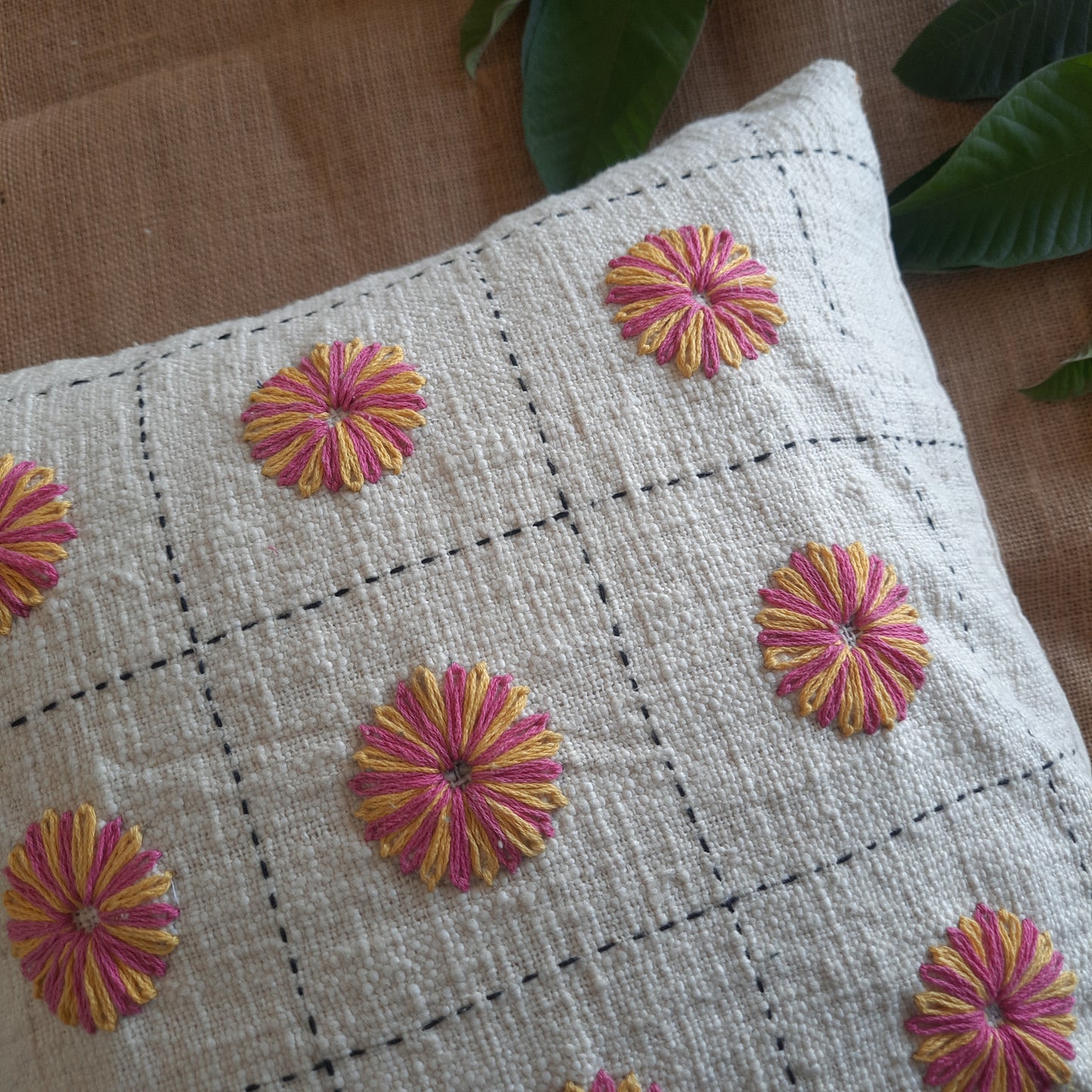 Off-White Jute Cotton Cushion Cover – Round Floral Embroidery & Handcrafted Charm