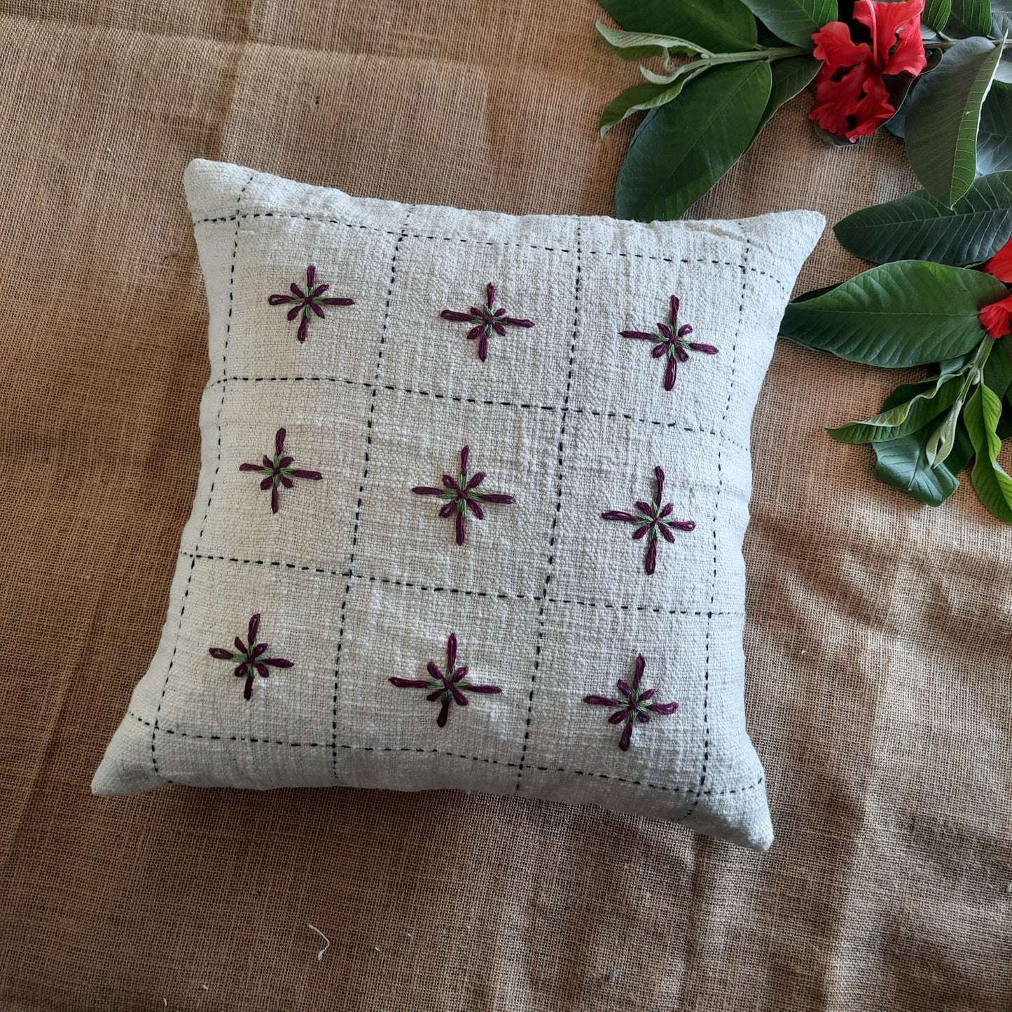 Off-White Jute Cotton Cushion Cover – Floral Embroidery & Handcrafted Charm