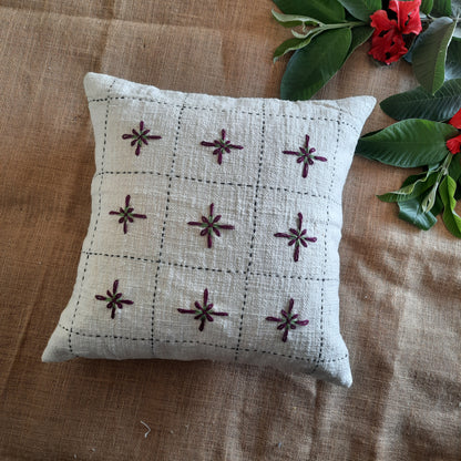 Off-White Jute Cotton Cushion Cover – Floral Embroidery & Handcrafted Charm