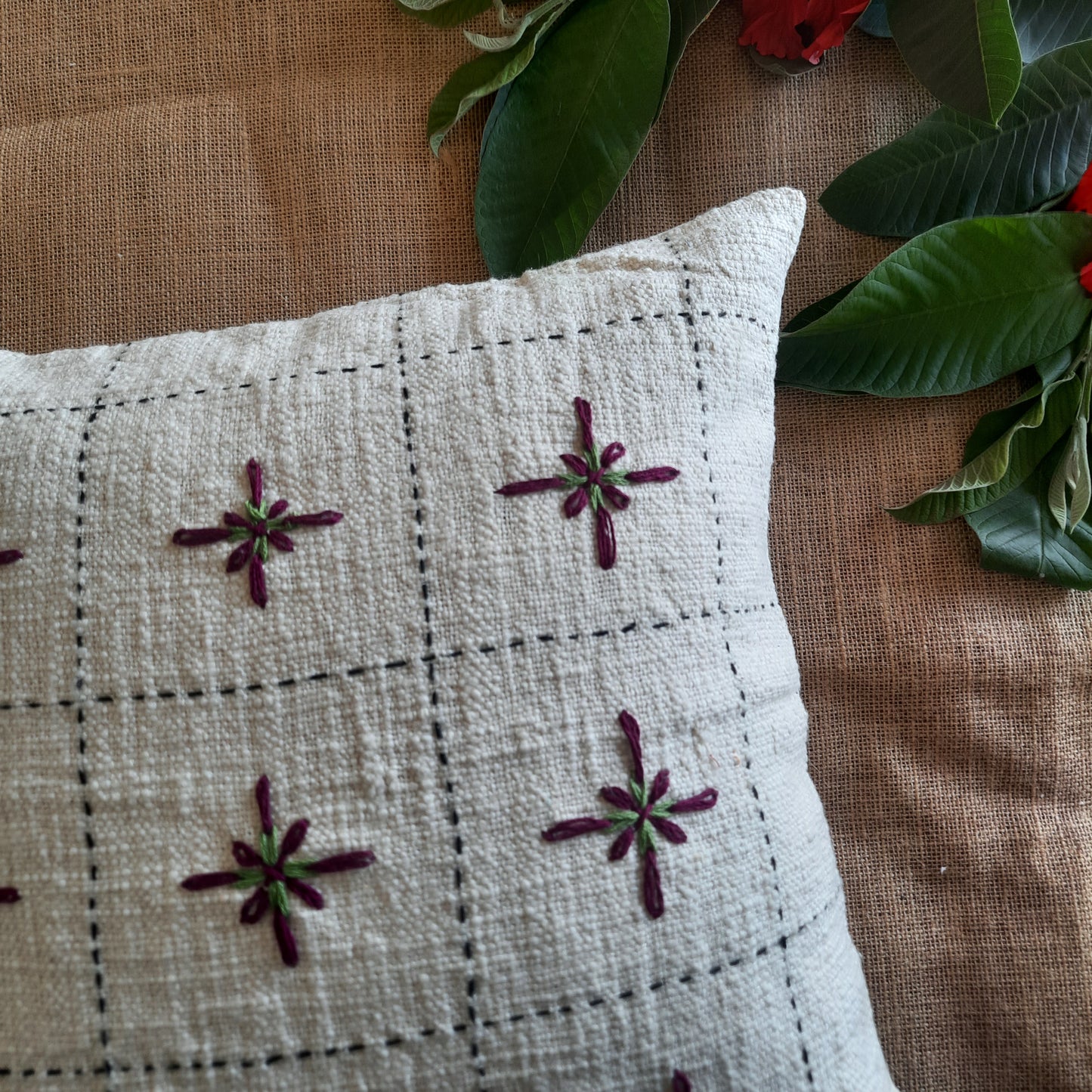 Off-White Jute Cotton Cushion Cover – Floral Embroidery & Handcrafted Charm