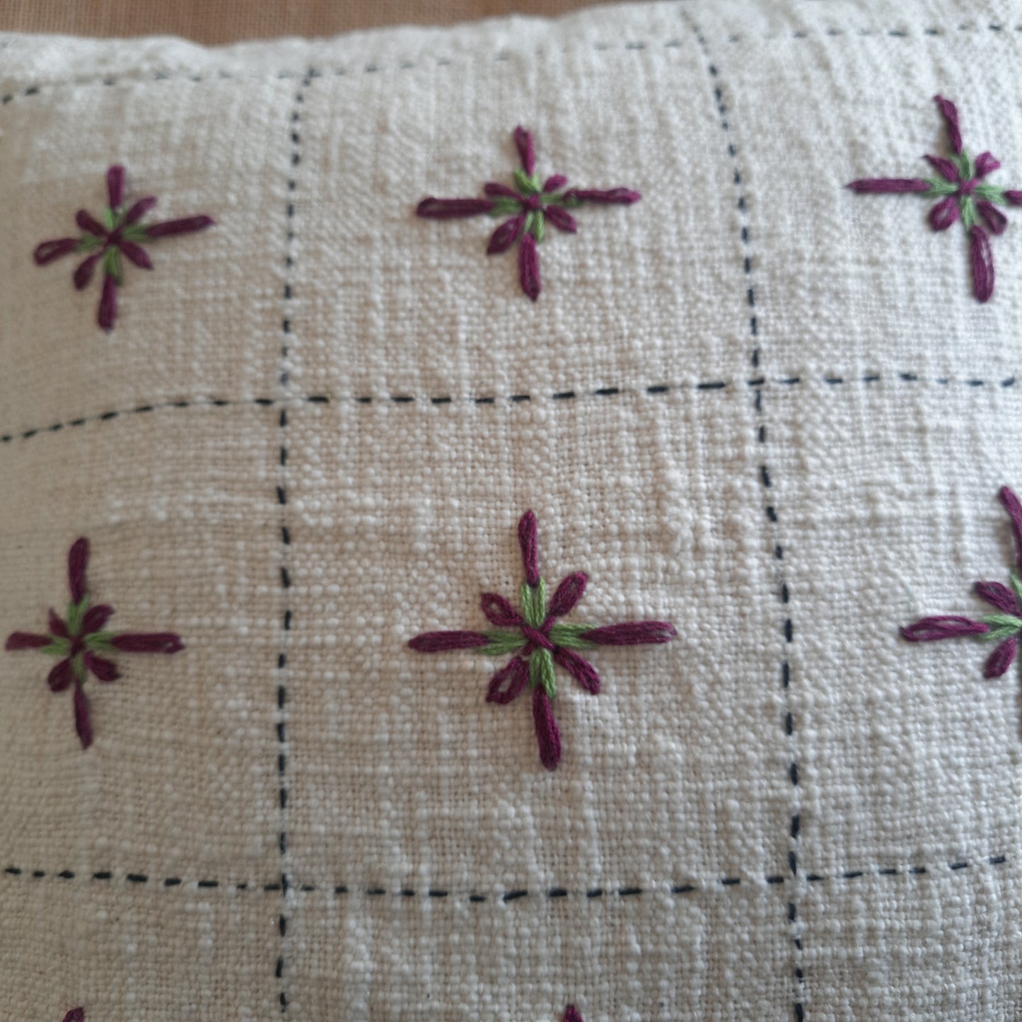 Off-White Jute Cotton Cushion Cover – Floral Embroidery & Handcrafted Charm