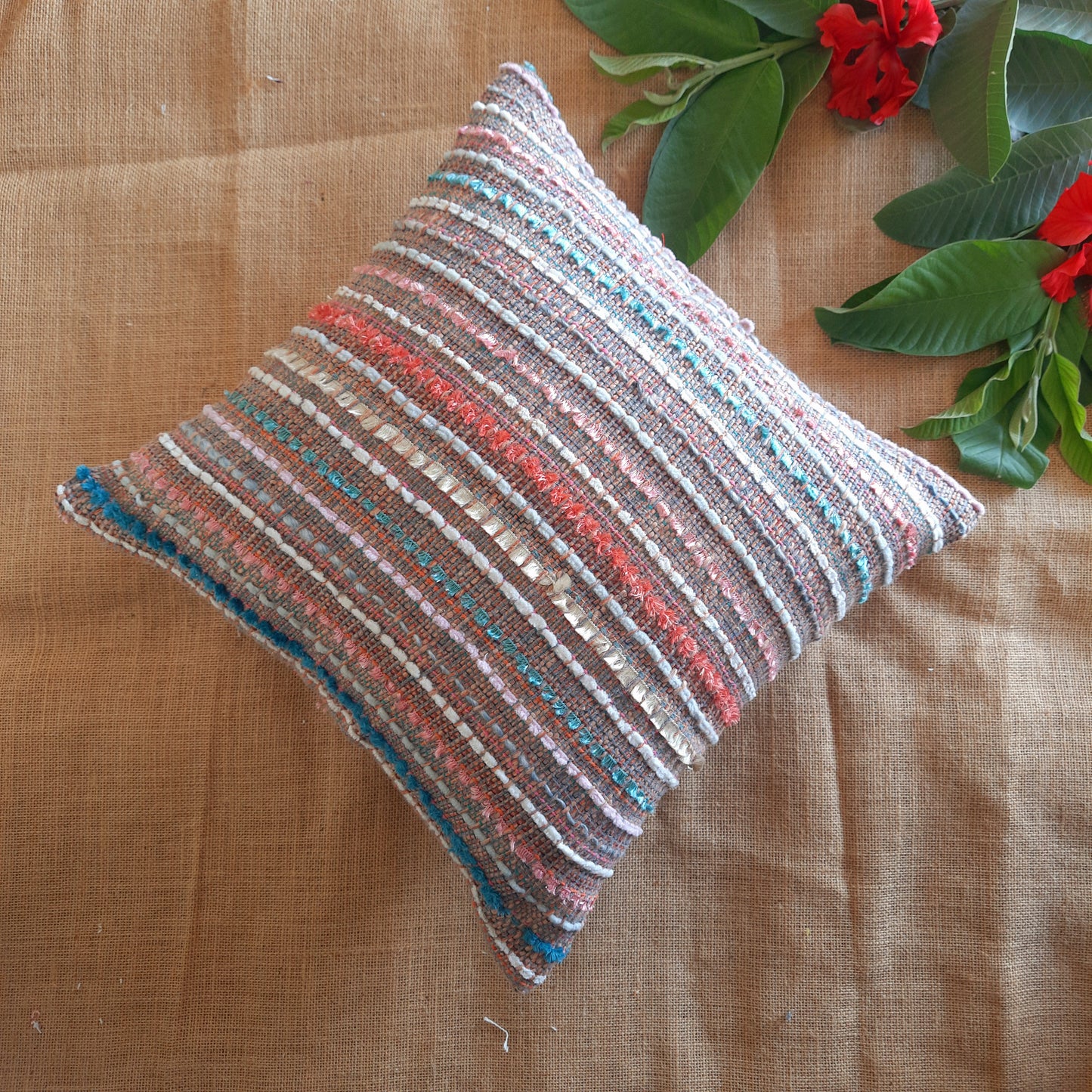 Pink Striped Handloom Cushion Cover – Festive & Artisanal Decor