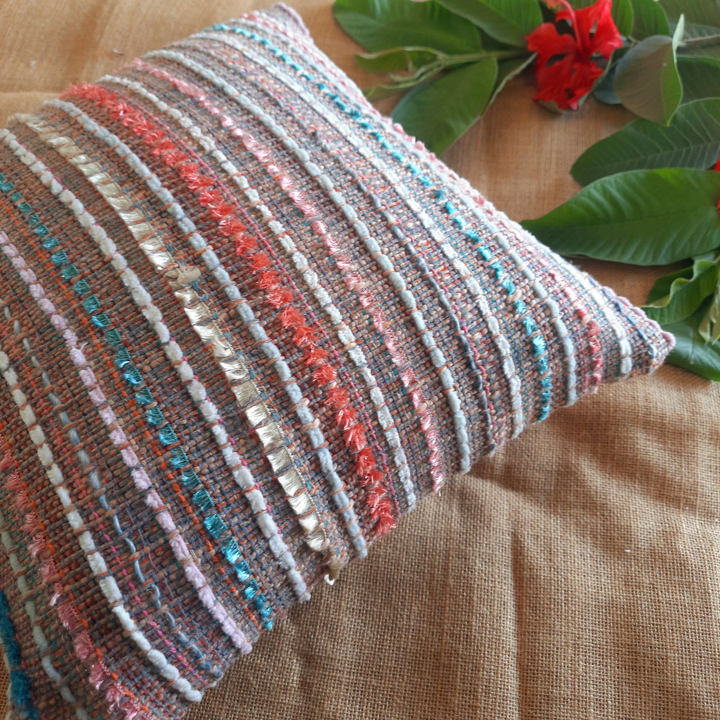 Pink Striped Handloom Cushion Cover – Festive & Artisanal Decor