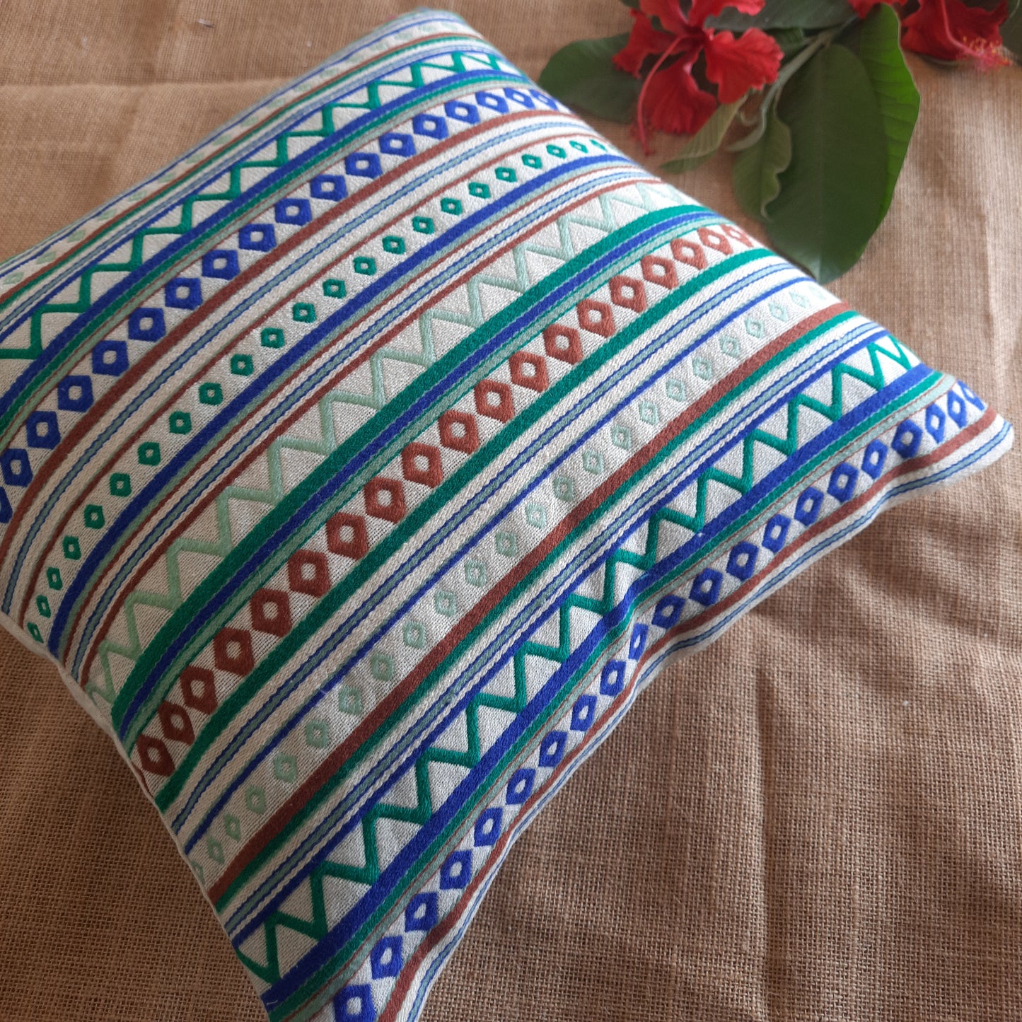 Blue and Brown Striped Handloom Cushion Cover – Festive & Artisanal Decor